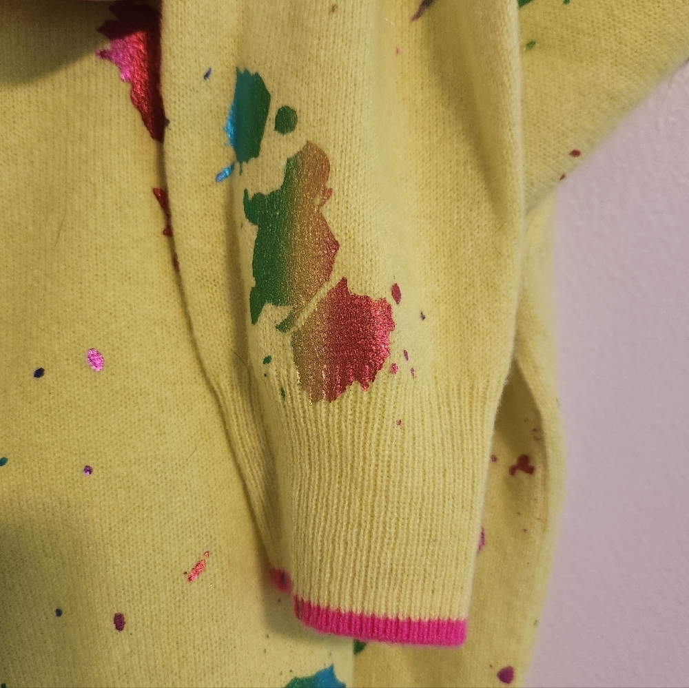 Brodie Fine Cashmere Neon Yellow Rainbow Foil Paint Splatter Sweater Med Luxury - Picture 7 of 11